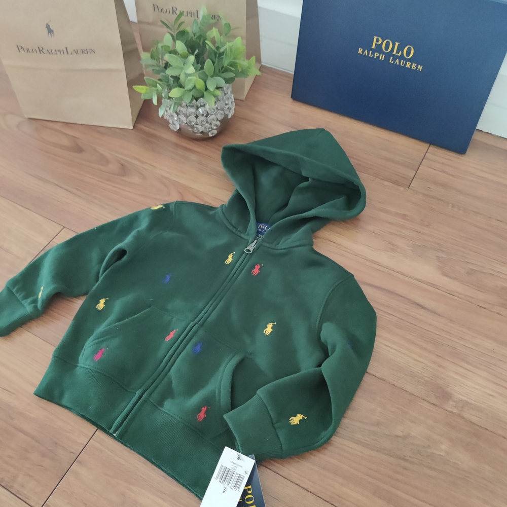 Polo by Ralph Lauren Kids Green Hooded Zip Sweatshirt with Embroidered Pony